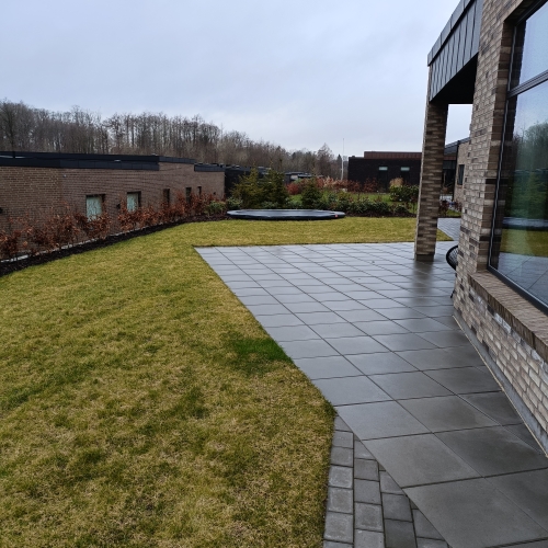 haveanlæg med græsplæne og terrasse